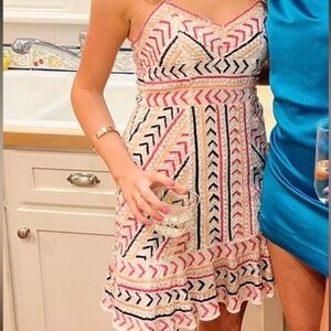 Parker NY Casey Beaded Patterned SequinWhite/Pink Women's Dress XS